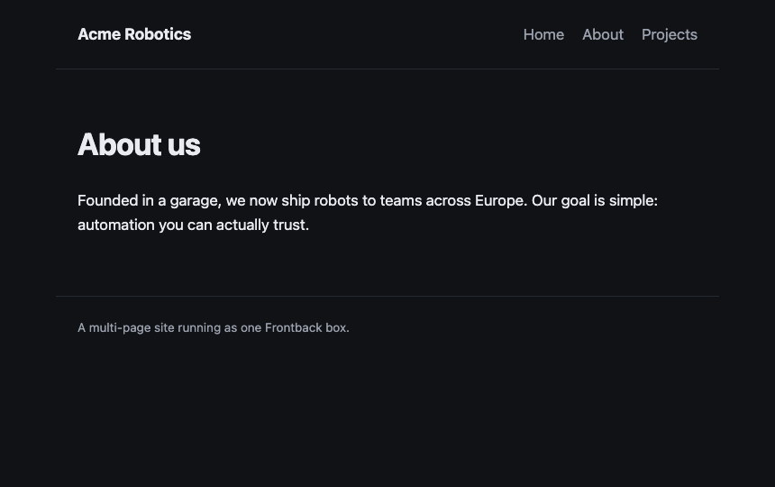 The About page, wrapped in the same shared layout as the home page