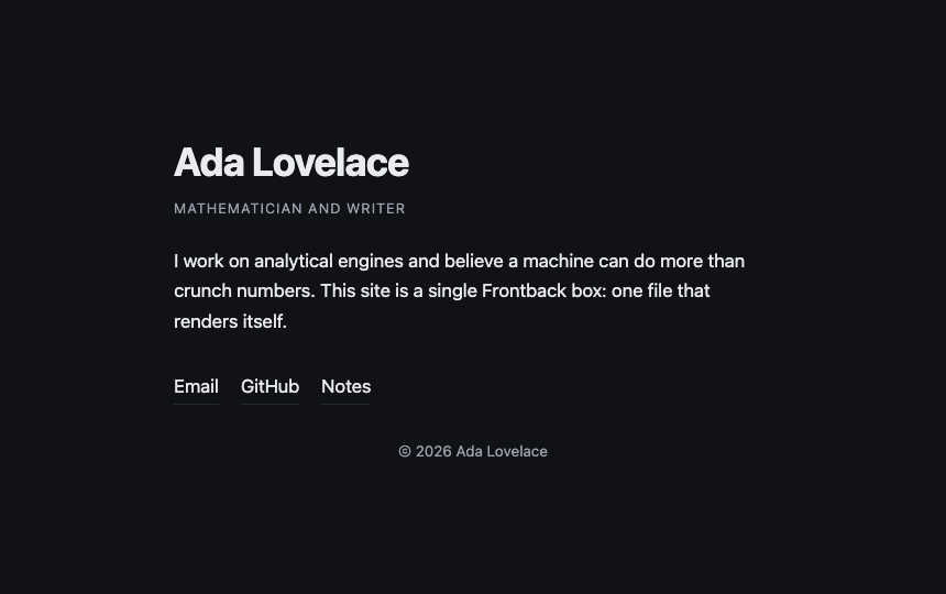 The rendered personal site: name, a short bio and contact links on a dark page